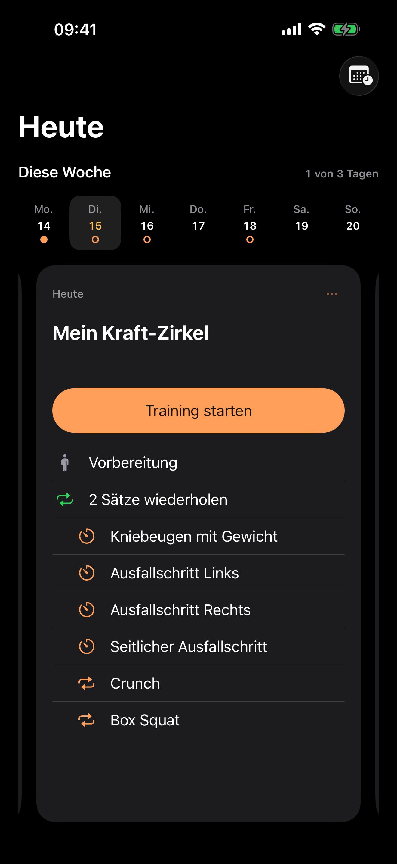 Dein heutiges Training auf einen Blick.